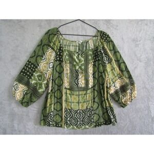 Cato 14 16W Green Patchwork Print Square Neck Boho Peasant Blouse Top